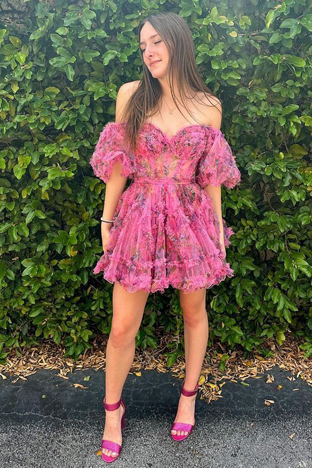 dressimeA Line Off The Shoulder Pretty Puff Sleeves Short Homecoming Dress