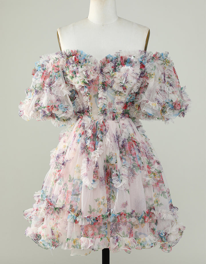 dressimeA Line Off The Shoulder Pretty Puff Sleeves Short Homecoming Dress