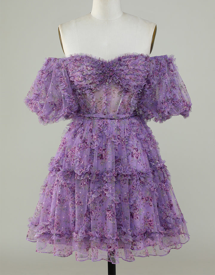 dressimeA Line Off The Shoulder Pretty Puff Sleeves Short Homecoming Dress