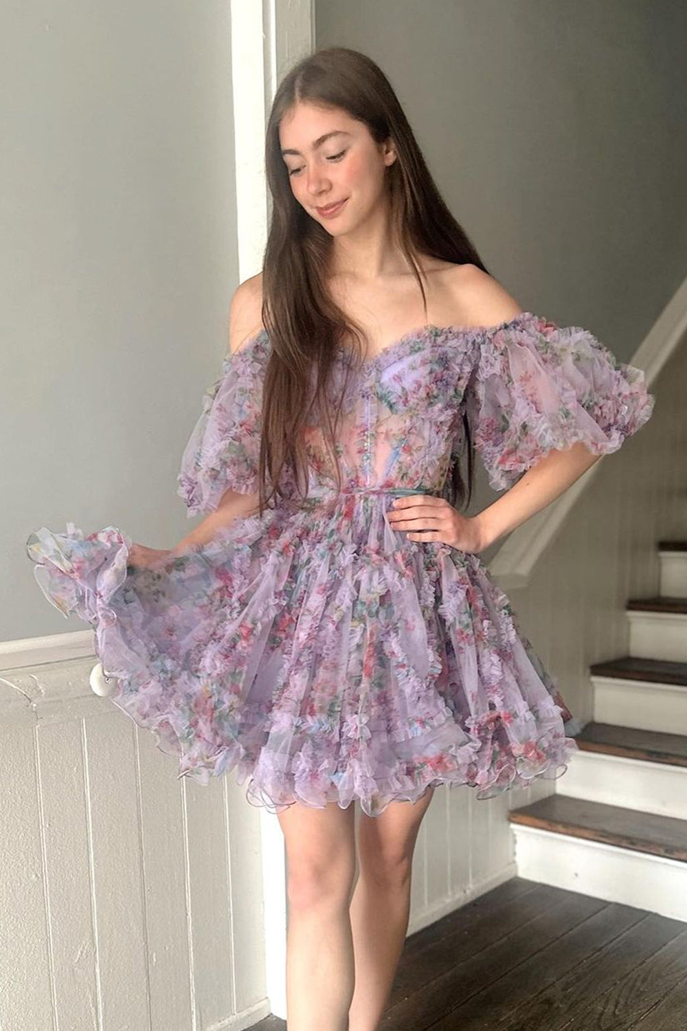 dressimeA Line Off The Shoulder Pretty Puff Sleeves Short Homecoming Dress