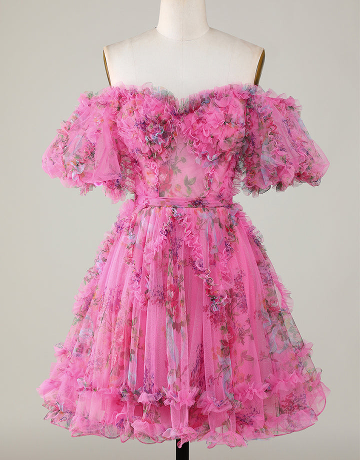dressimeA Line Off The Shoulder Pretty Puff Sleeves Short Homecoming Dress
