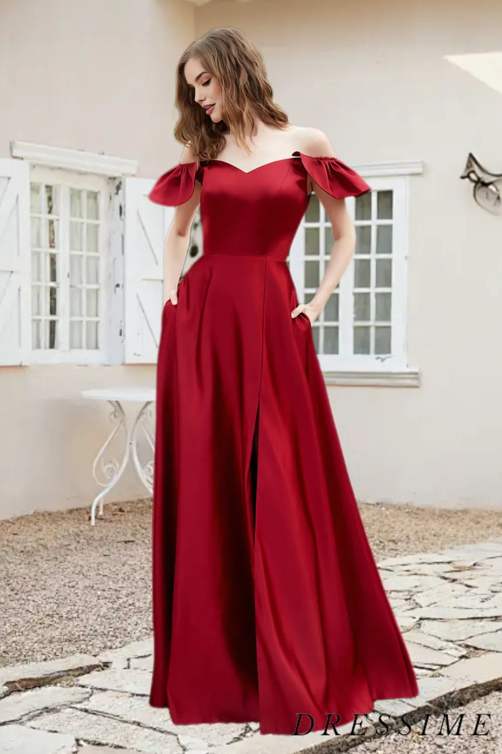 Dressime A Line Off The Shoulder Satin Long Bridesmaid Dress With Slit dressime Dressime A Line Off The Shoulder Satin Long Bridesmaid Dress With Slit dressime