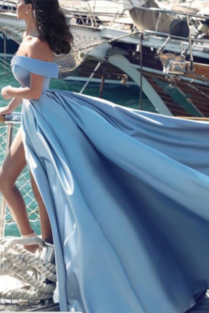 dressimeA Line Off The Shoulder Satin Split Long Prom Dresses