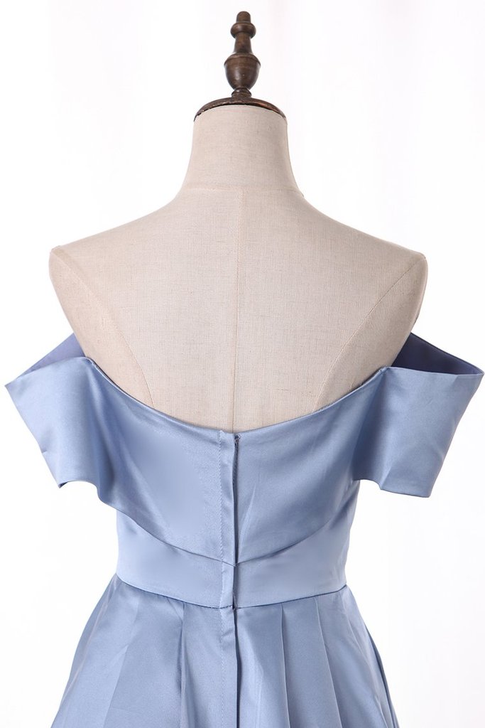 dressimeA Line Off The Shoulder Satin Split Long Prom Dresses