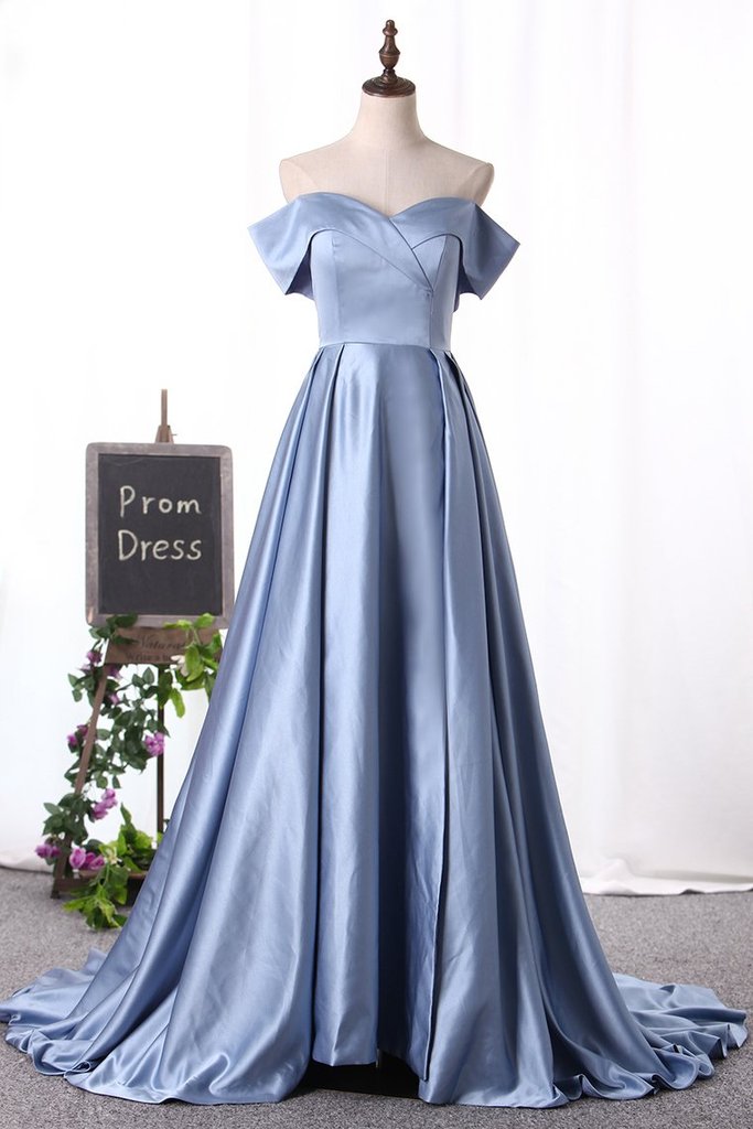 dressimeA Line Off The Shoulder Satin Split Long Prom Dresses