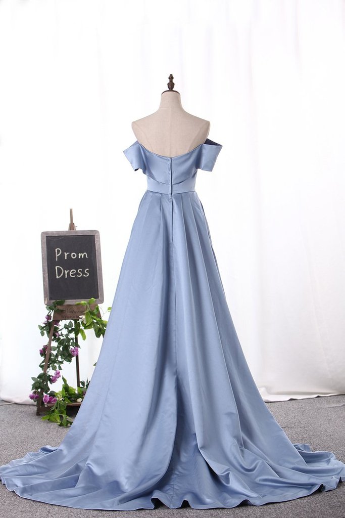 dressimeA Line Off The Shoulder Satin Split Long Prom Dresses