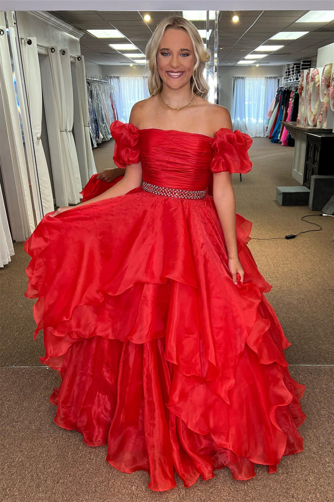 dressimeA Line Off-the-Shoulder Puff Sleeve Multi-Tiered Long Prom Dresses