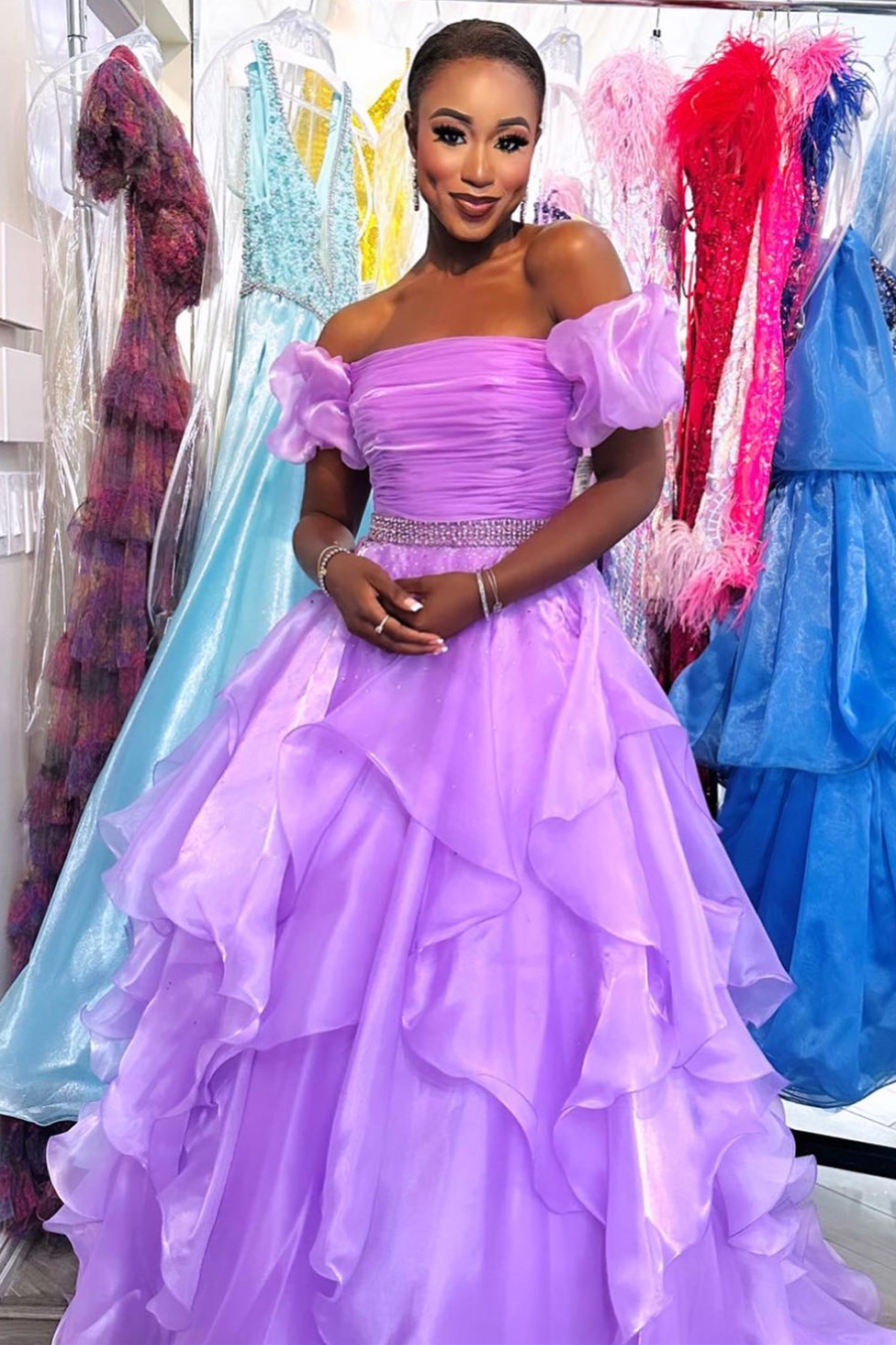 dressimeA Line Off-the-Shoulder Puff Sleeve Multi-Tiered Long Prom Dresses