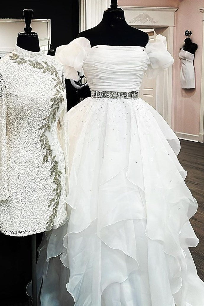 dressimeA Line Off-the-Shoulder Puff Sleeve Multi-Tiered Long Prom Dresses
