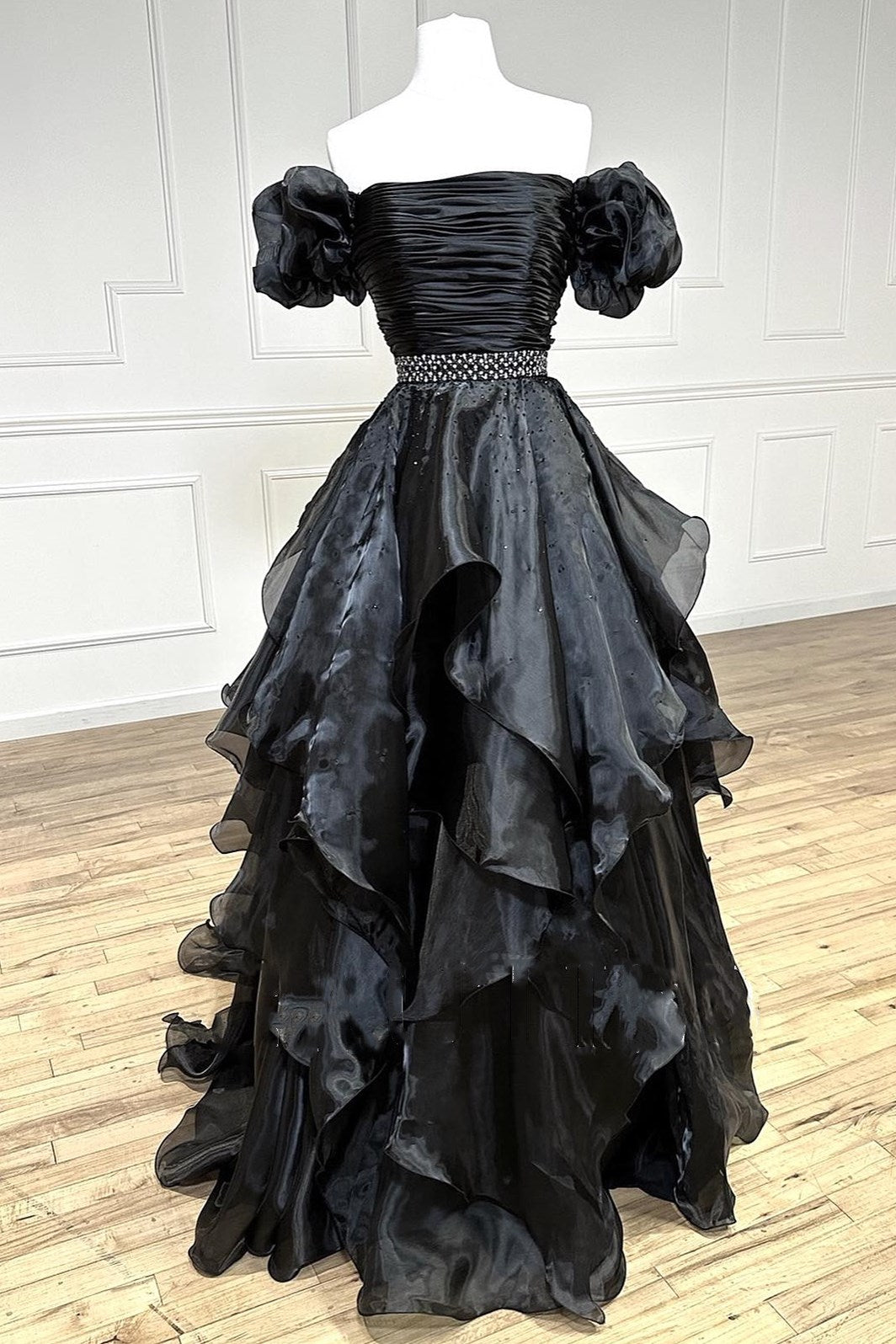 dressimeA Line Off-the-Shoulder Puff Sleeve Multi-Tiered Long Prom Dresses