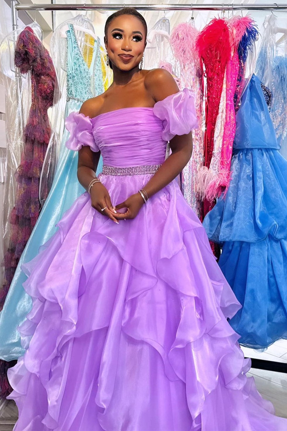 dressimeA Line Off-the-Shoulder Puff Sleeve Multi-Tiered Long Prom Dresses