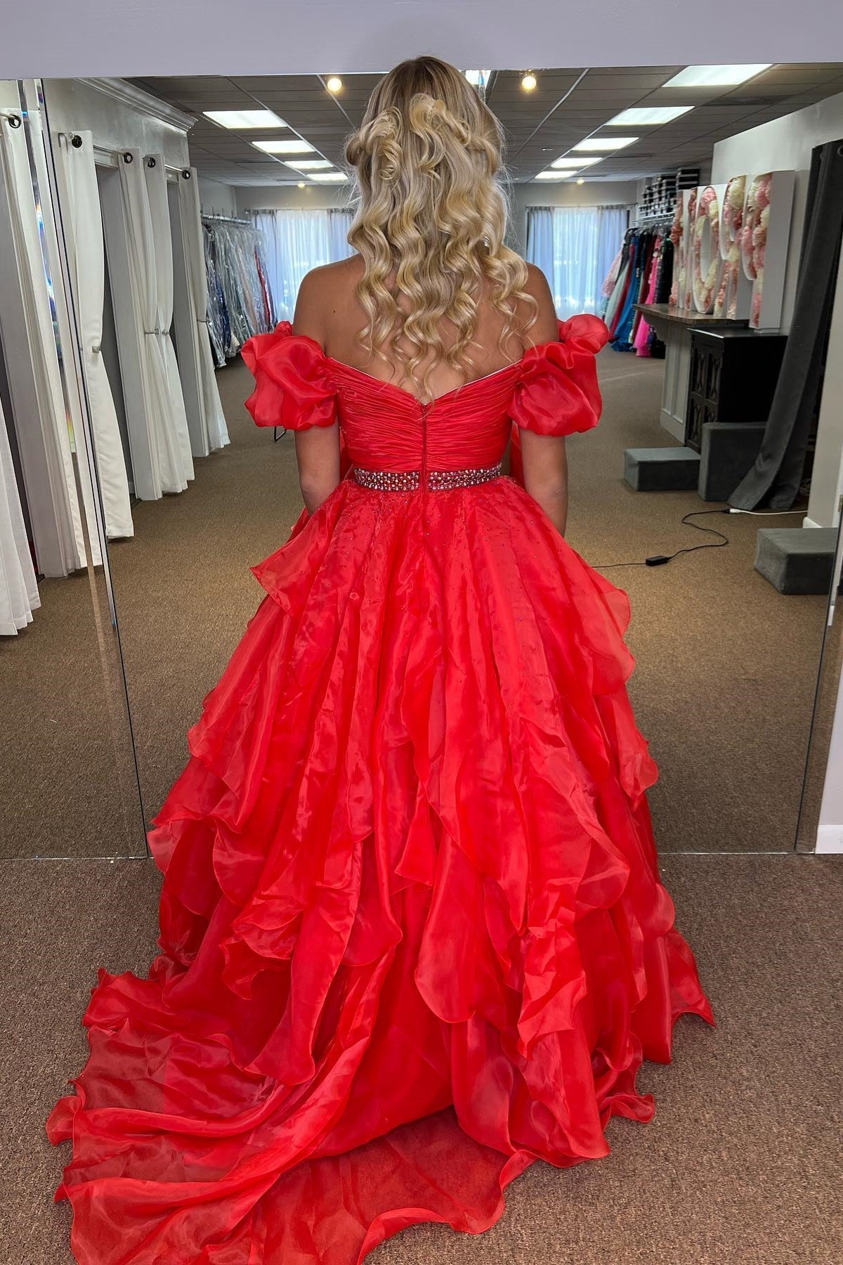 dressimeA Line Off-the-Shoulder Puff Sleeve Multi-Tiered Long Prom Dresses