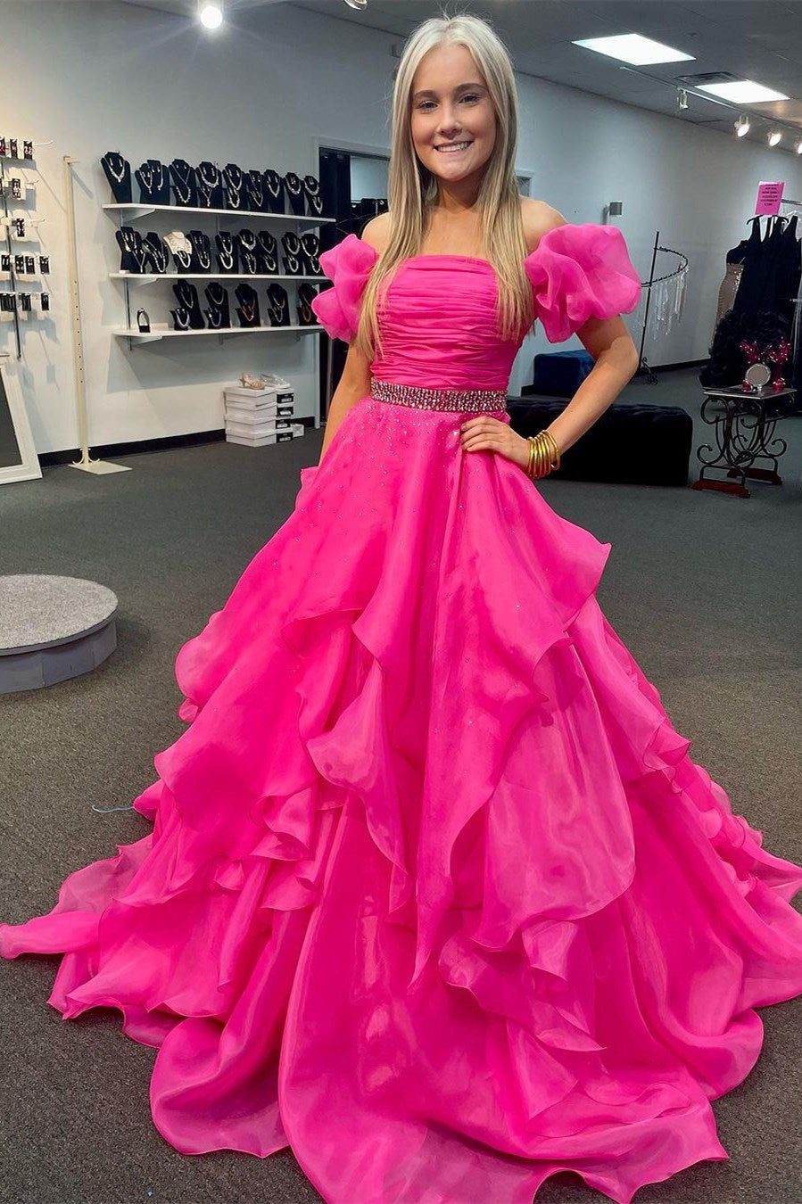dressimeA Line Off-the-Shoulder Puff Sleeve Multi-Tiered Long Prom Dresses