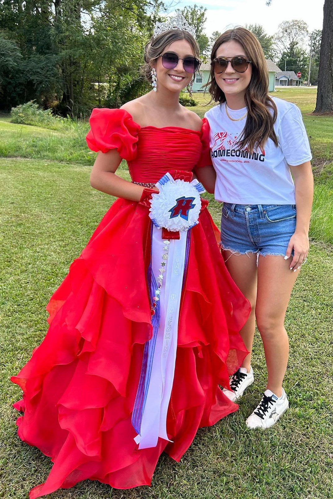 dressimeA Line Off-the-Shoulder Puff Sleeve Multi-Tiered Long Prom Dresses