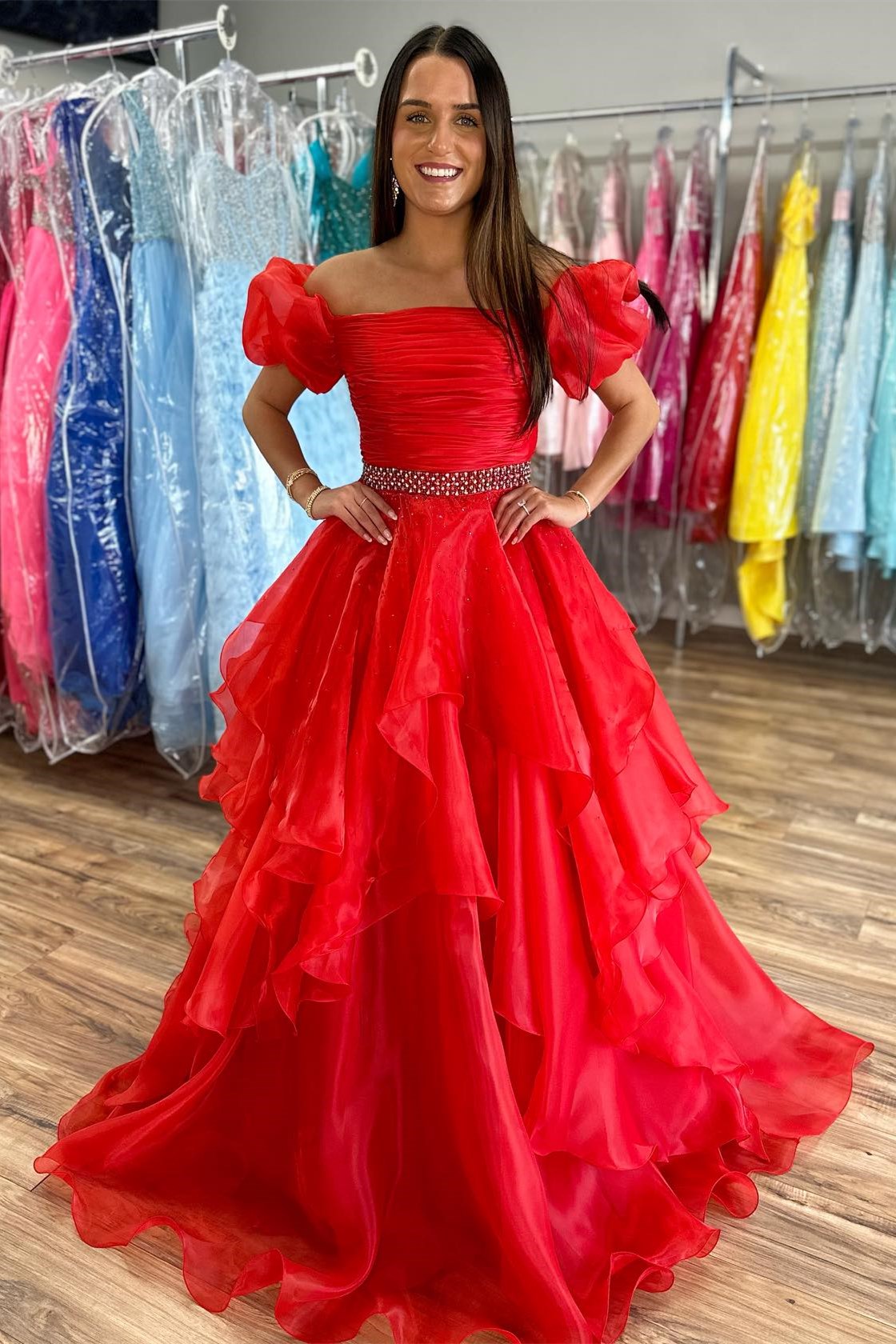 dressimeA Line Off-the-Shoulder Puff Sleeve Multi-Tiered Long Prom Dresses