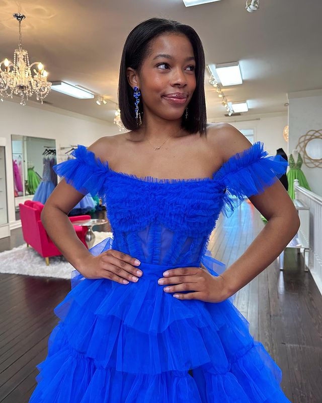 Dressime A Line Off the Shoulder Ruffle Tiered Tulle Prom Dress with Slit dressime