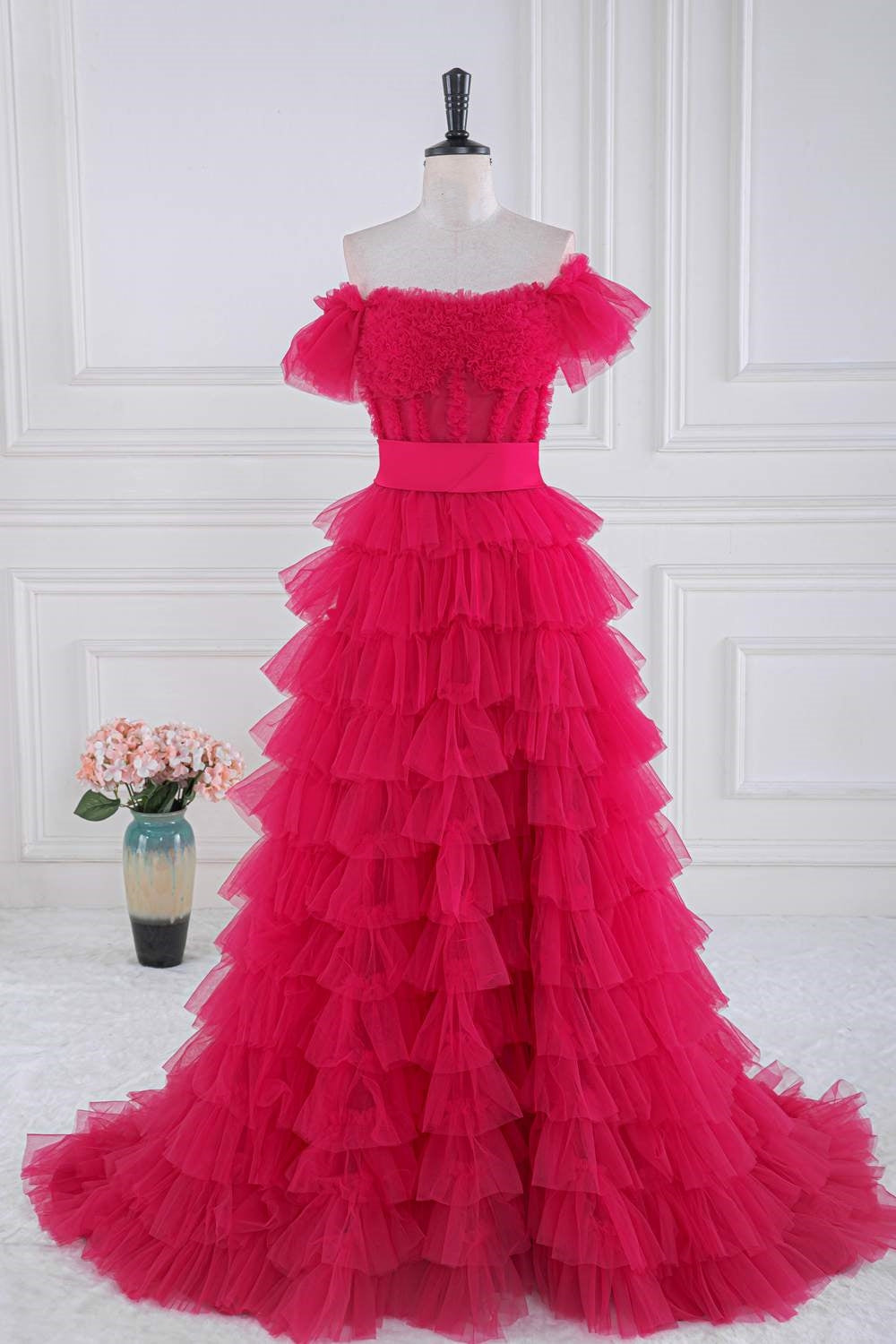 Dressime A Line Off the Shoulder Ruffle Tiered Tulle Prom Dress with Slit dressime