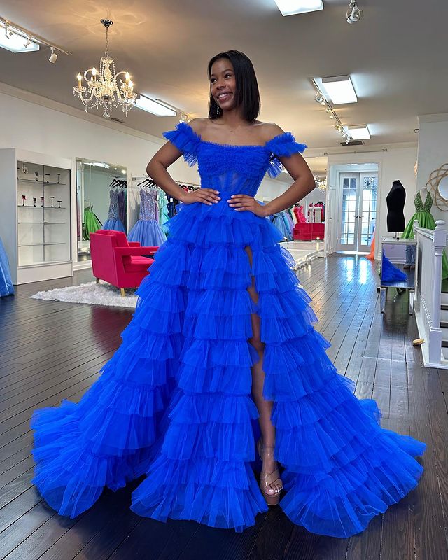 Dressime A Line Off the Shoulder Ruffle Tiered Tulle Prom Dress with Slit dressime
