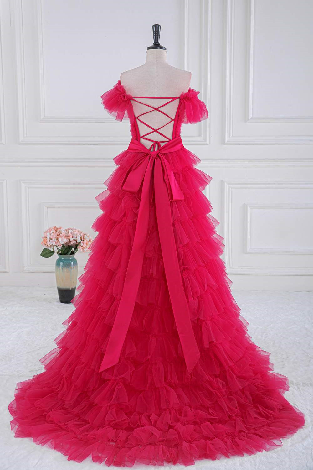 Dressime A Line Off the Shoulder Ruffle Tiered Tulle Prom Dress with Slit dressime