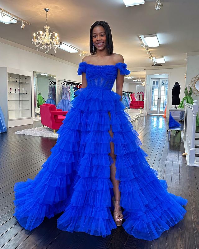 Dressime A Line Off the Shoulder Ruffle Tiered Tulle Prom Dress with Slit dressime