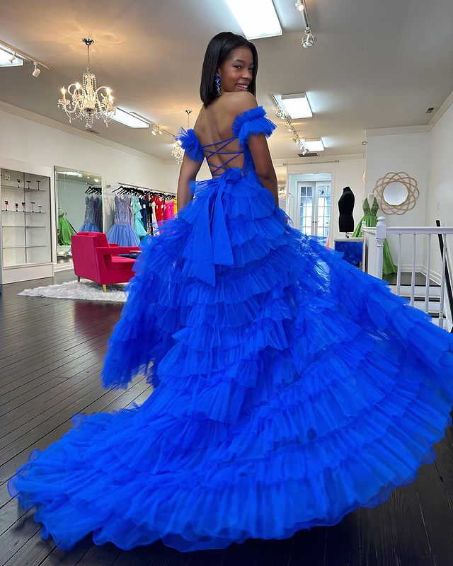 Dressime A Line Off the Shoulder Ruffle Tiered Tulle Prom Dress with Slit dressime