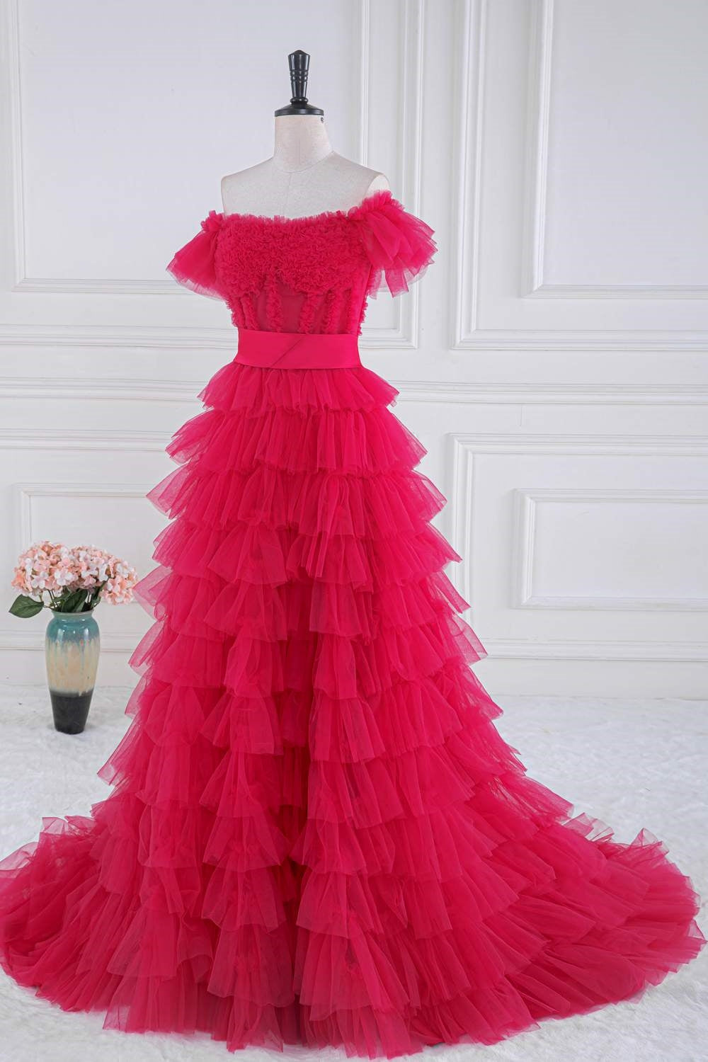 Dressime A Line Off the Shoulder Ruffle Tiered Tulle Prom Dress with Slit dressime