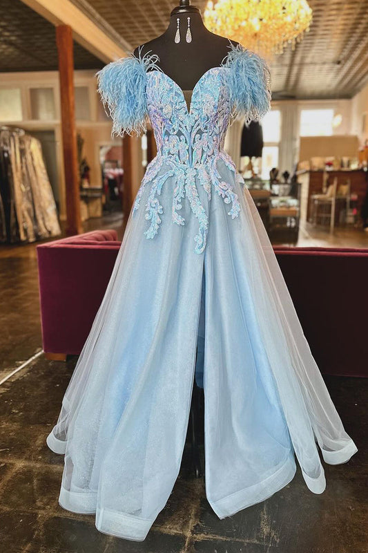 Dressime A Line Off the Shoulder Tulle Slit Long Prom Dress With Sequin Applique & Feather dressime