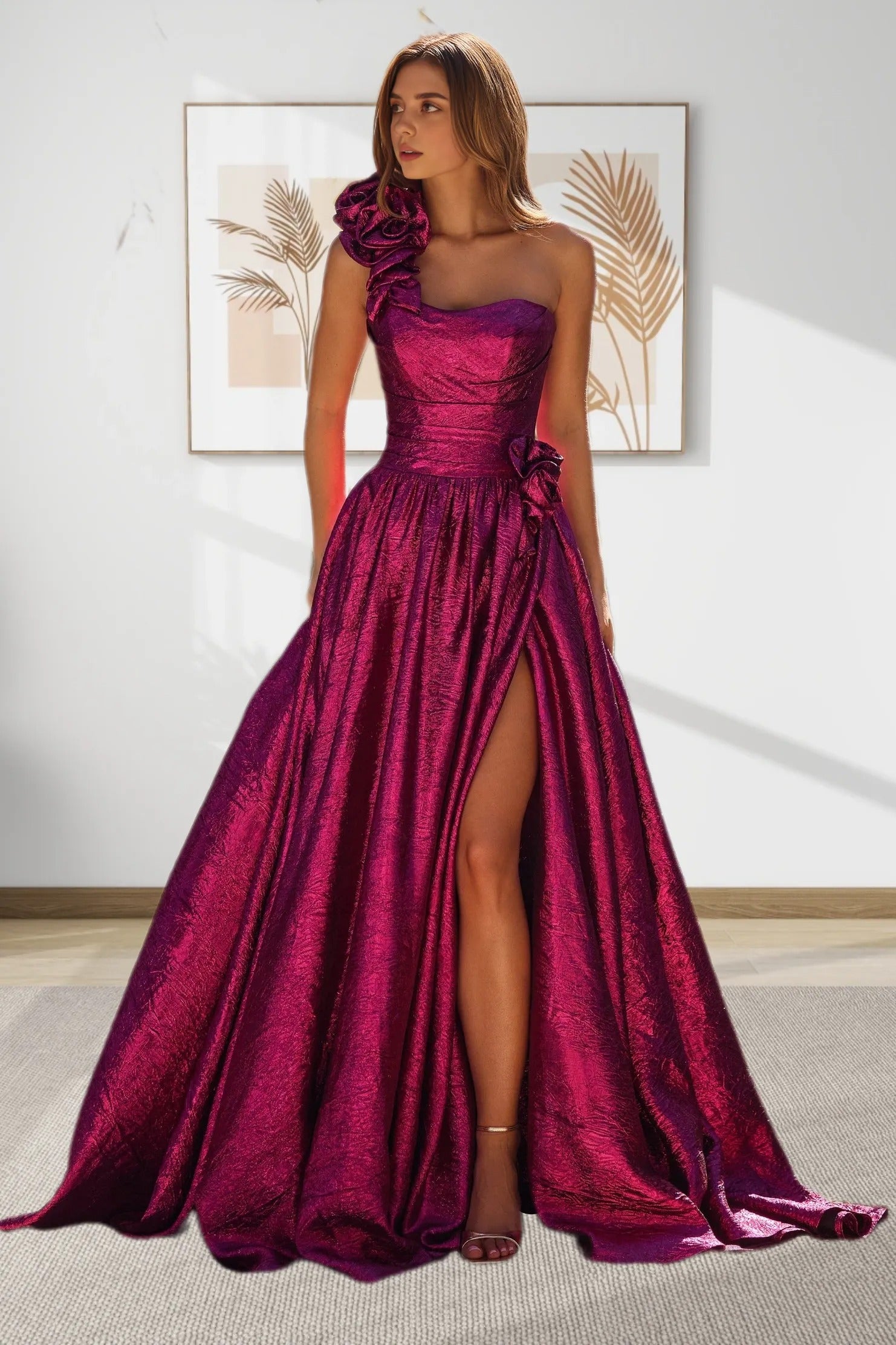Dressime Purple Metallic Prom Dresse A Line One Shoulder Formal Dress With 3D Flowers dressime Dressime Purple Metallic Prom Dresse A Line One Shoulder Formal Dress With 3D Flowers dressime