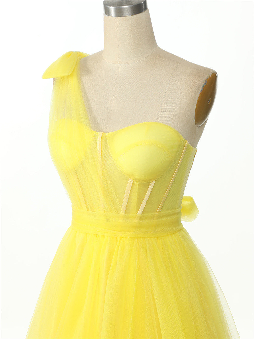 Dressime A Line One Shoulder Pleated Tulle Split Long Prom Dress dressime