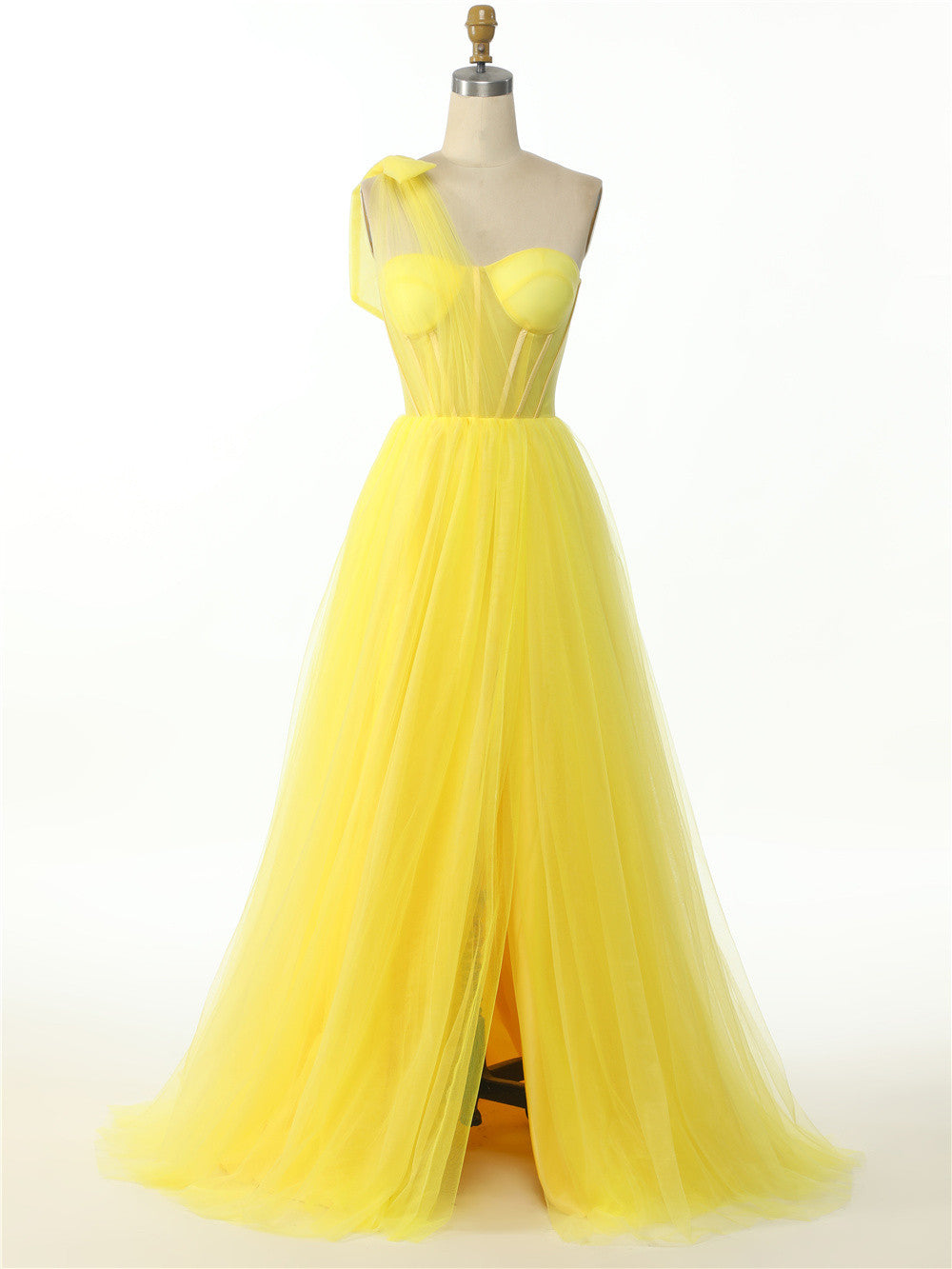 Dressime A Line One Shoulder Pleated Tulle Split Long Prom Dress dressime