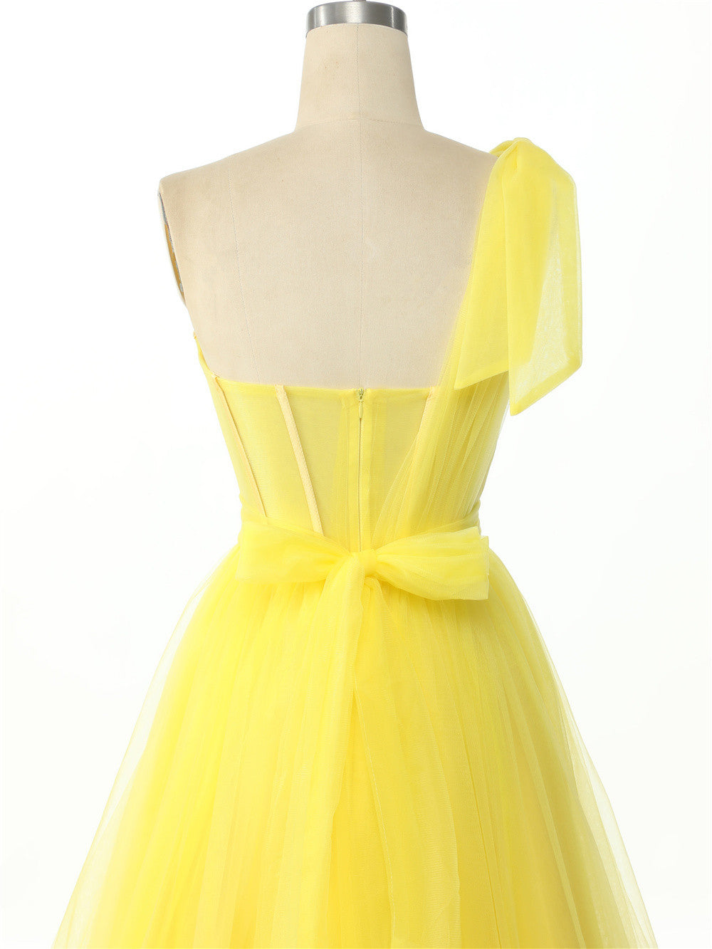 Dressime A Line One Shoulder Pleated Tulle Split Long Prom Dress dressime