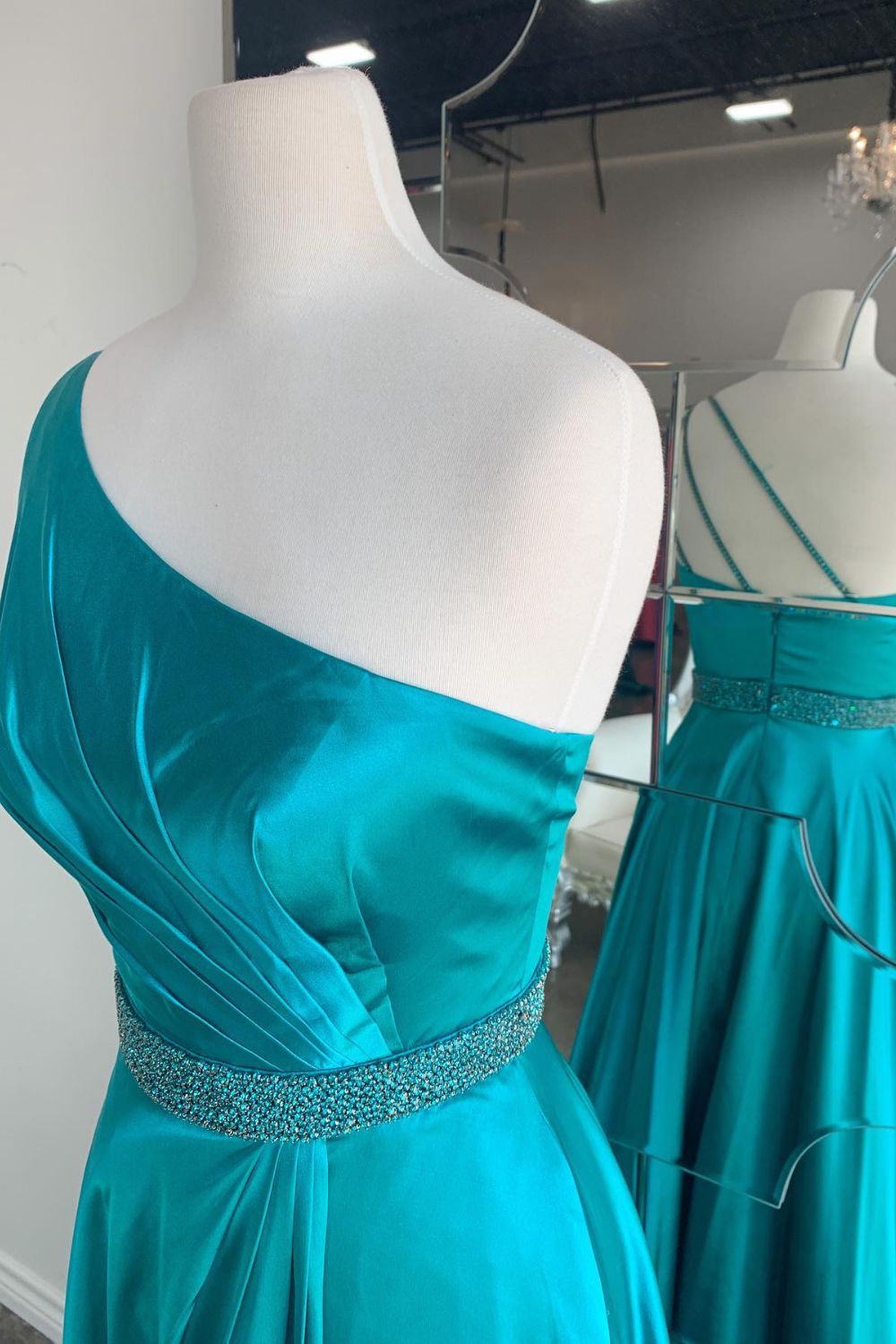 Dressime A Line One Shoulder Satin Long Prom Dress With Beaded dressime