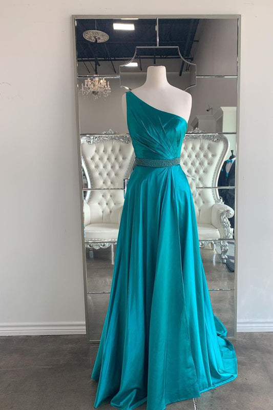 Dressime A Line One Shoulder Satin Long Prom Dress With Beaded dressime