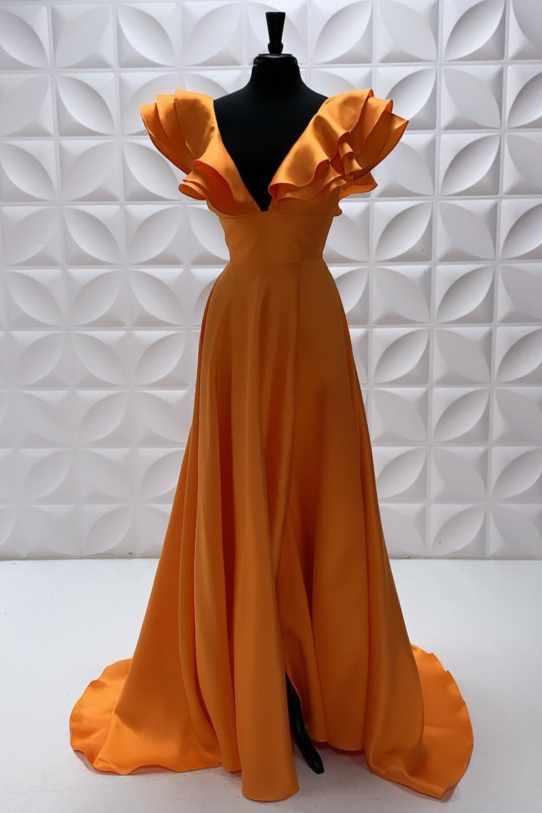 dressimeA Line Orange V-Neck Ruffled Sleeve Empire Long Prom Dress