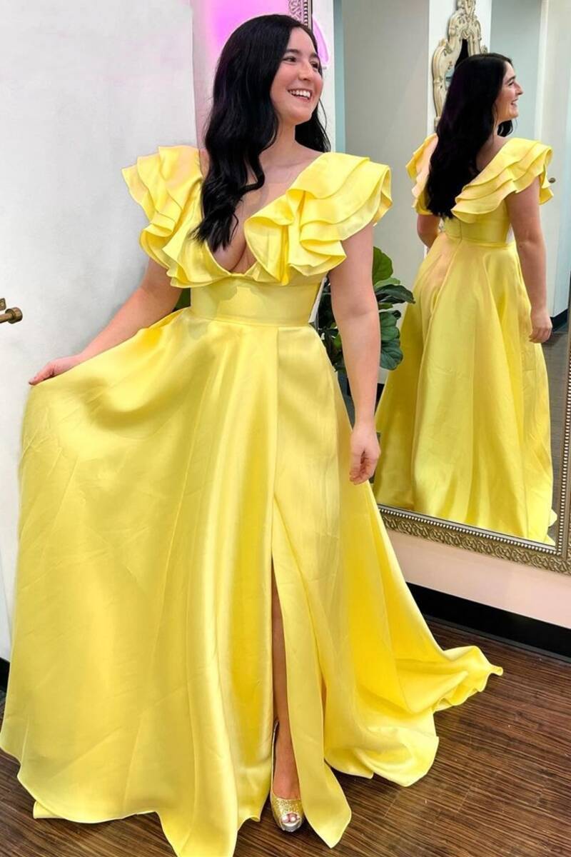 dressimeA Line Orange V-Neck Ruffled Sleeve Empire Long Prom Dress