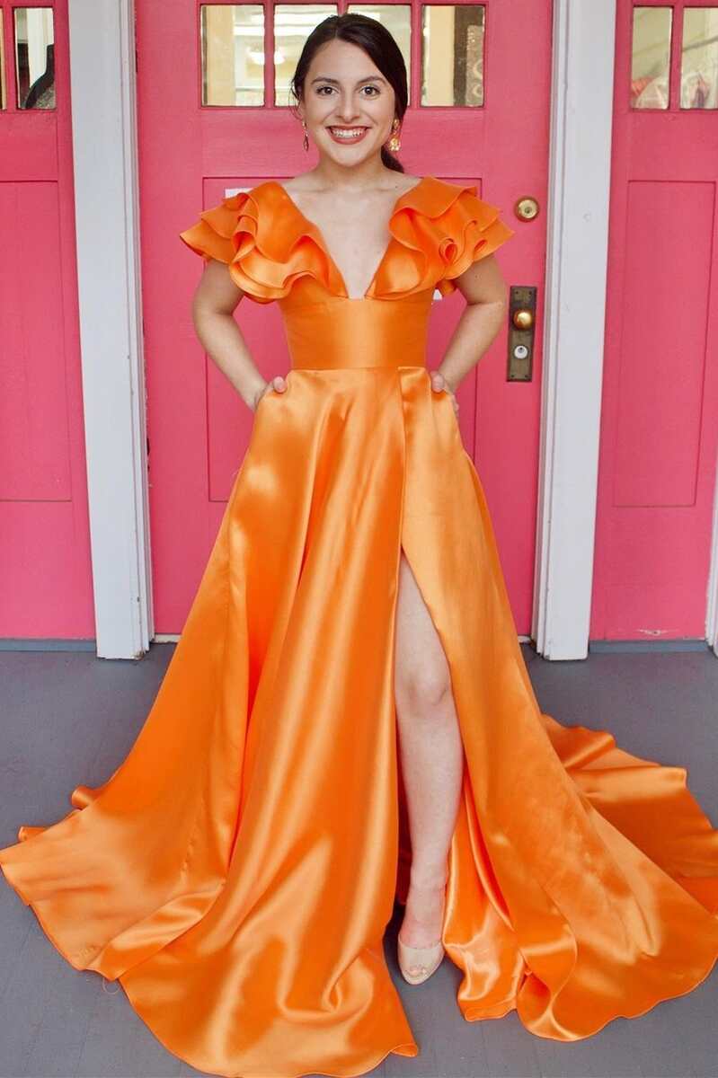 dressimeA Line Orange V-Neck Ruffled Sleeve Empire Long Prom Dress