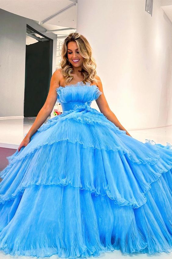 dressimeA-Line Organza Strapless Belted Tiered Prom Dress with Ruffles