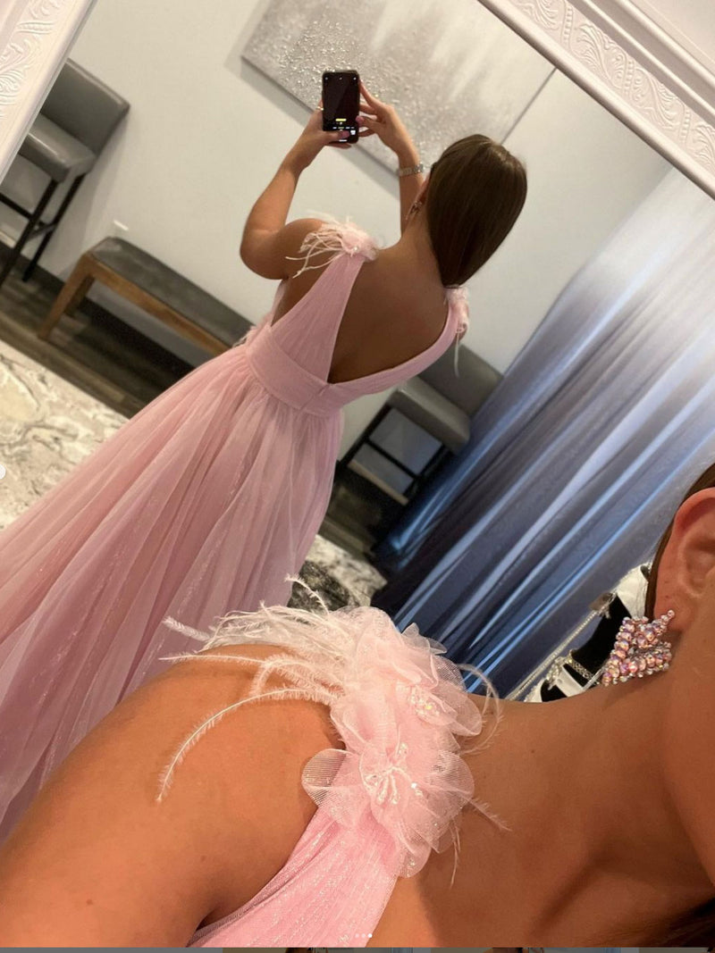 Dressime A Line Organza V Neck Long Prom Dresses With Feather dressime