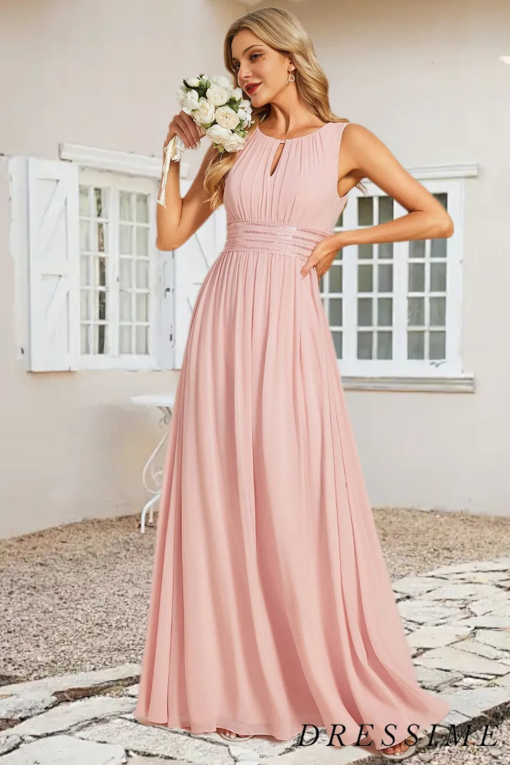 Dressime A-Line Round Neck Floor Length Chiffon Bridesmaid Dress dressime