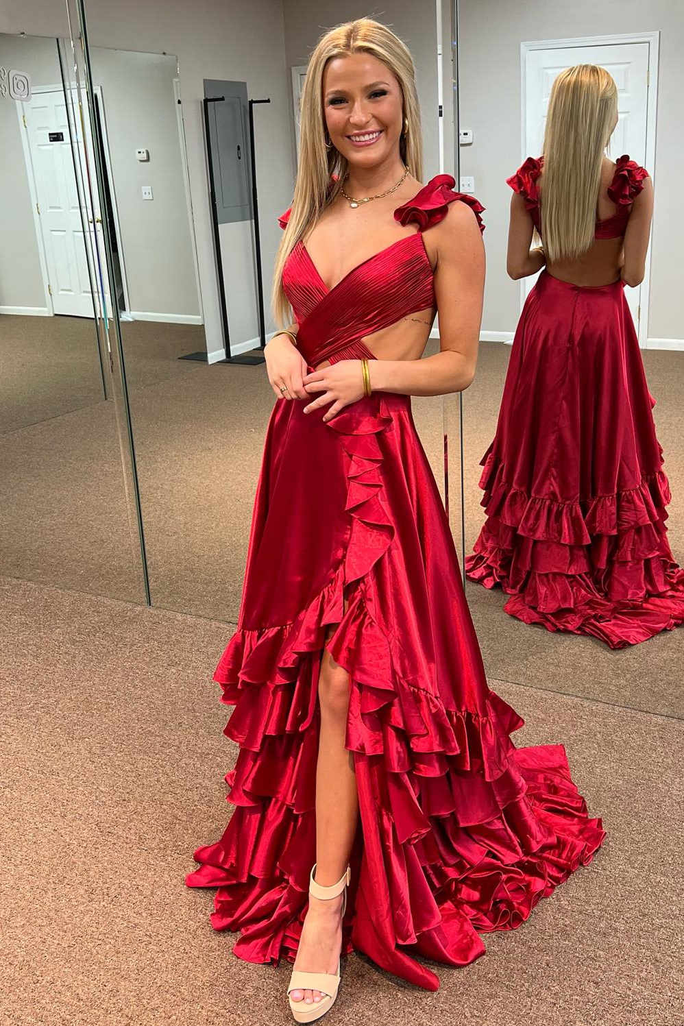 dressimeA Line Ruffled Straps Pleated Tiered Long Prom Dress