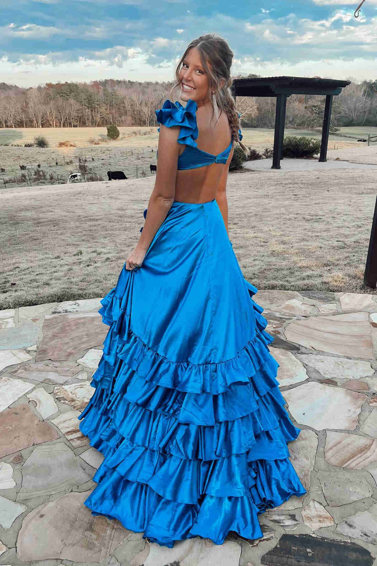 dressimeA Line Ruffled Straps Pleated Tiered Long Prom Dress