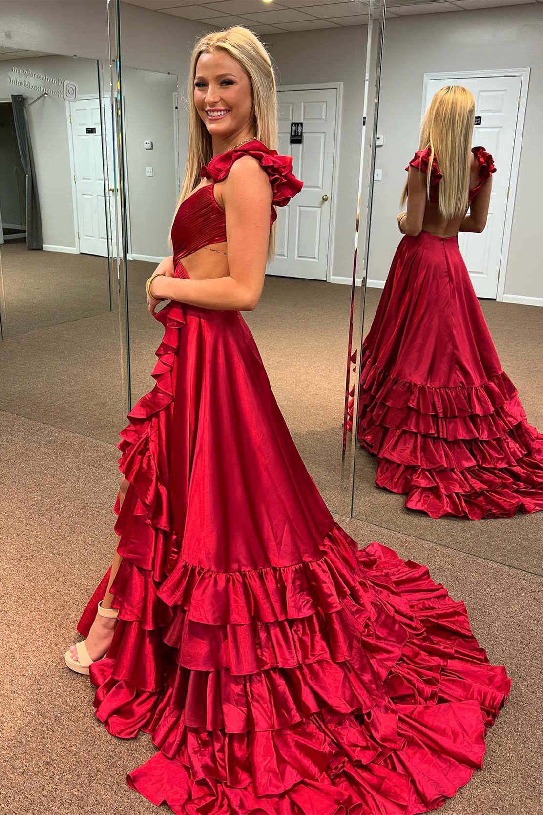 dressimeA Line Ruffled Straps Pleated Tiered Long Prom Dress