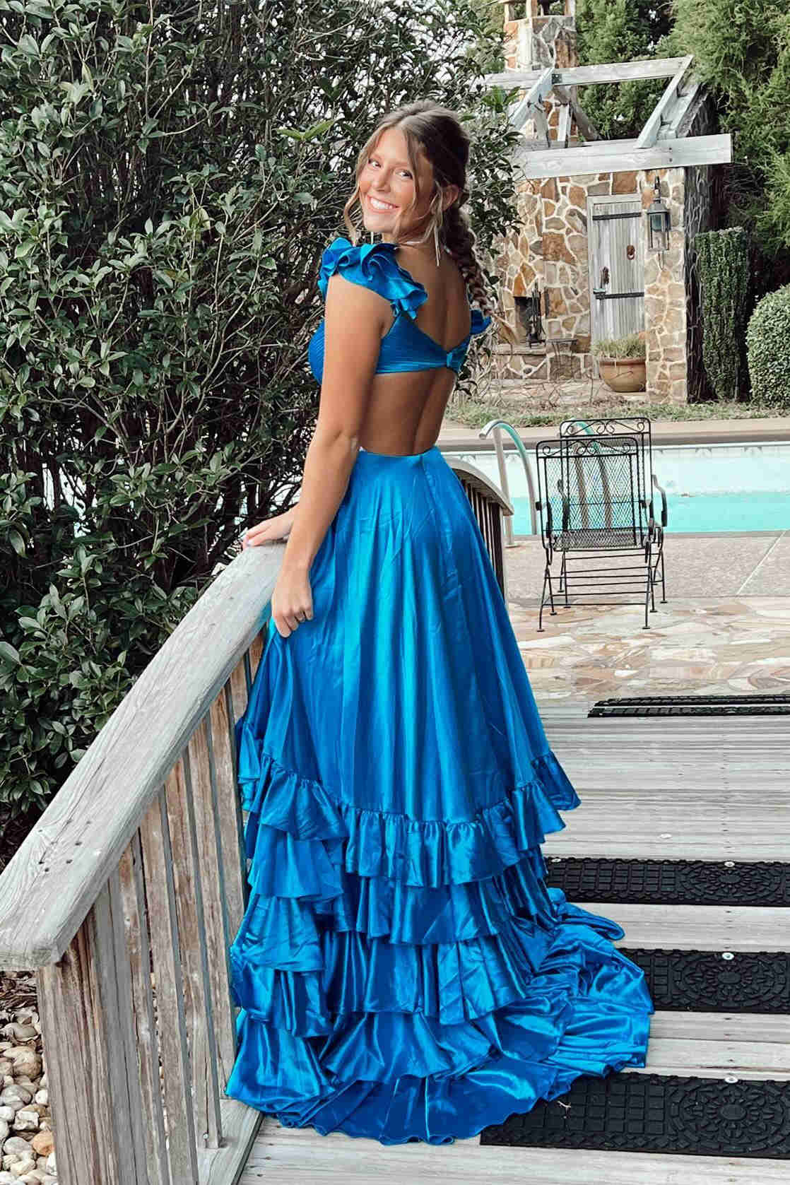 dressimeA Line Ruffled Straps Pleated Tiered Long Prom Dress