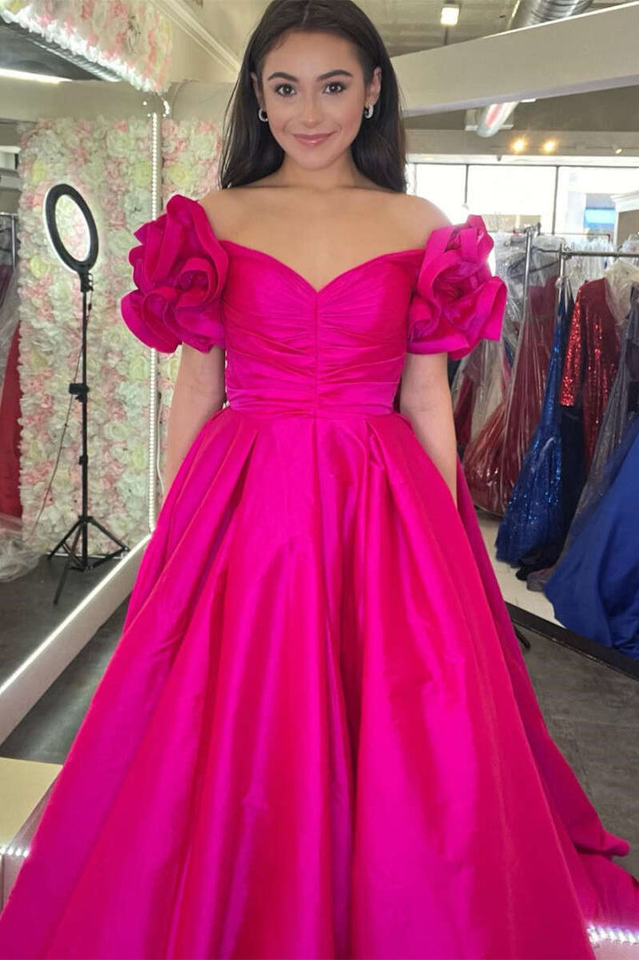 dressimeA-Line Satin Off The Shoulder Ruffled Sleeve Prom Dresses