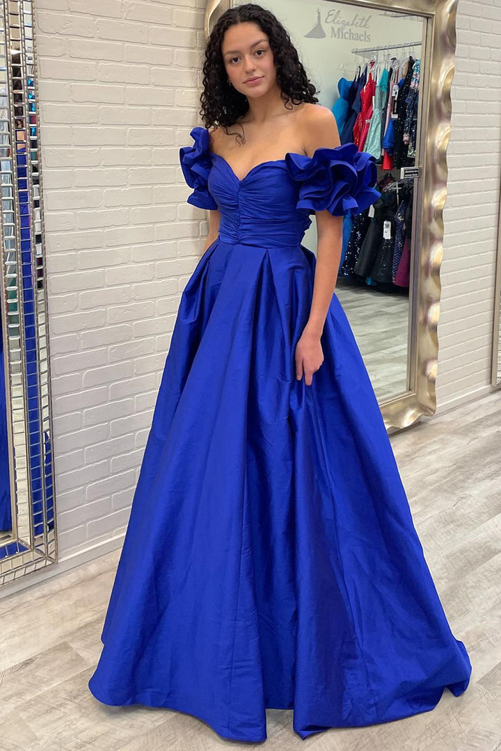 dressimeA-Line Satin Off The Shoulder Ruffled Sleeve Prom Dresses