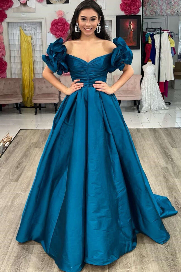 dressimeA-Line Satin Off The Shoulder Ruffled Sleeve Prom Dresses