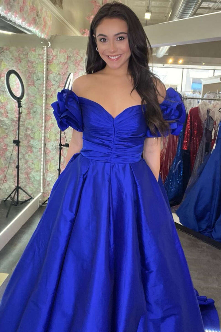 dressimeA-Line Satin Off The Shoulder Ruffled Sleeve Prom Dresses