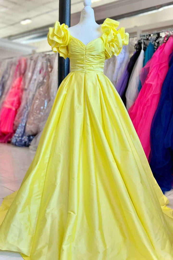dressimeA-Line Satin Off The Shoulder Ruffled Sleeve Prom Dresses