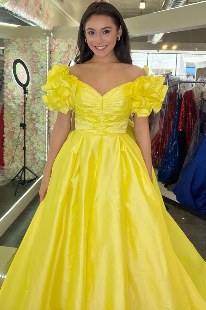 dressimeA-Line Satin Off The Shoulder Ruffled Sleeve Prom Dresses