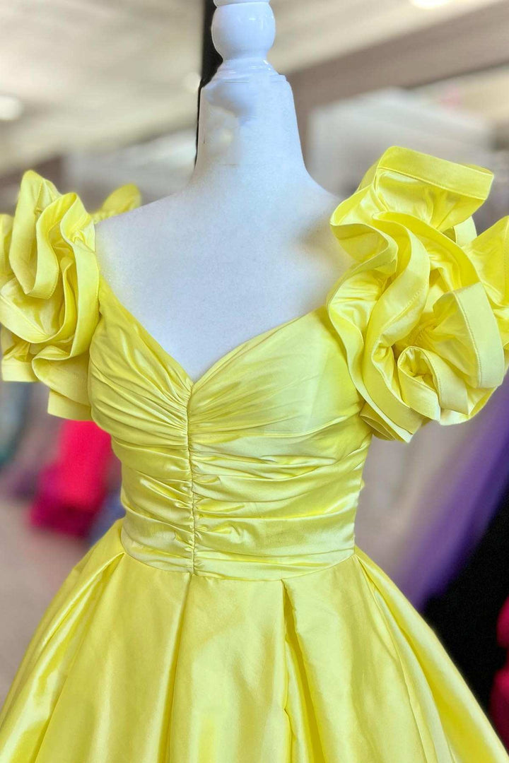 dressimeA-Line Satin Off The Shoulder Ruffled Sleeve Prom Dresses